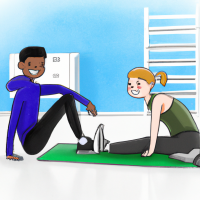 best friends stretching at a gym