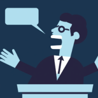 A stylized vector image of a person speaking excitedly while standing at a podium or lectern 