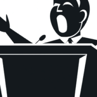 A stylized vector image of a person speaking excitedly while standing at a podium or lectern 