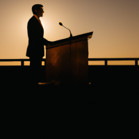An inspiring image of a person speaking while standing at a podium or lectern 