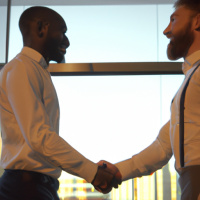 two professionally dressed. best friends shaking hands and smiling in a very high end office with big floor to ceiling windows 4k hyper realistic