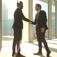 two professionally dressed. best friends shaking hands and smiling in a very high end office with big floor to ceiling windows 4k hyper realistic