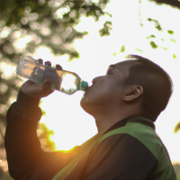 someone drinking water at the park, wearing clothes like they had been exercising with a light spring season feeling