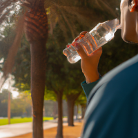 someone drinking water at the park, wearing clothes like they had been exercising with a light spring season feeling and lots of activity at the park around